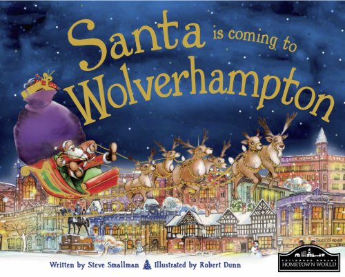 Santa in a sleigh with reindeer flies over Wolverhampton buildings.