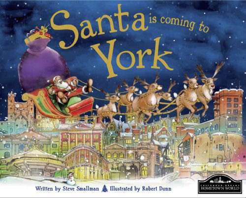 Santa and reindeer fly over a snowy illustration of York city.