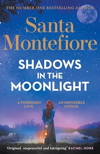 Book cover: “Shadows in the Moonlight” with a woman by a lake.