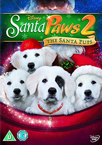 Santa Paws 2" DVD cover featuring Santa, puppies in Santa hats.