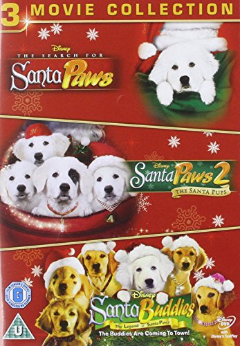 DVD cover for a three-movie collection featuring white and golden retriever puppies.