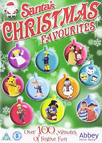 "Santa's Christmas Favourites" DVD cover featuring cartoon characters in Christmas bauble illustrations on green background.