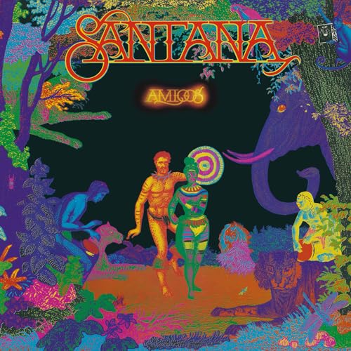 Santana’s “Amigos” album cover: psychedelic art with figures and animals.