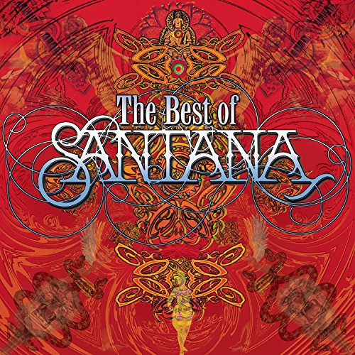 Album cover for Santana’s “The Best Of” with ornate red and gold design.