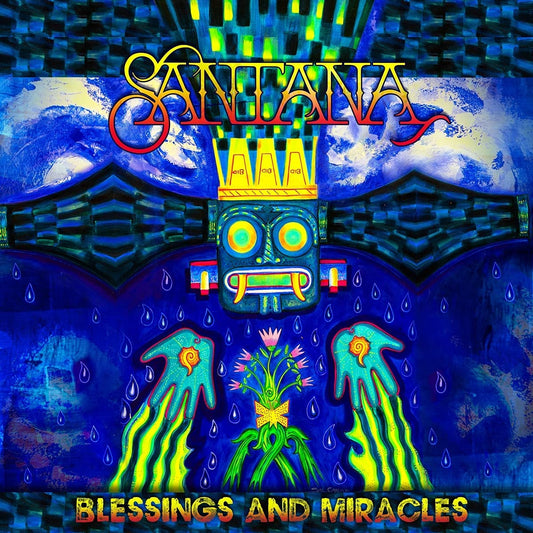 The image depicts the album cover for "Santana - Blessings and Miracles". The alt text is: "Album cover with totem pole and flower surrounded by water."