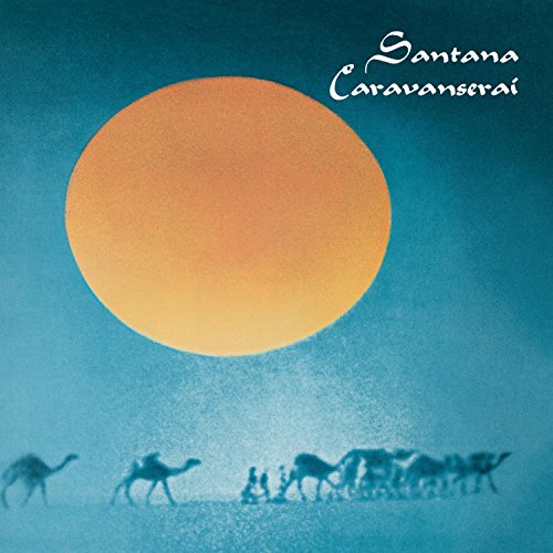 “Santana - Caravanserai” album cover with a large orange sun and camels.
