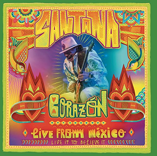 Carlos Santana playing guitar, surrounded by colorful, vibrant folk-art patterns and heart illustrations.