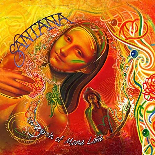 "Santana album cover with a woman's face and abstract designs."