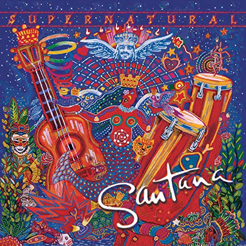 Santana’s “Supernatural” CD cover: colorful, illustrated instruments and a crowned figure.