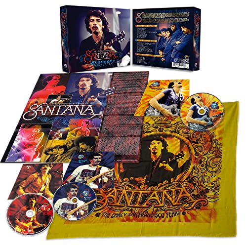 Santana The Anthology box set including CDs, booklets, and promotional materials featuring Carlos Santana.