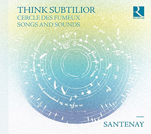 The image depicts a CD cover for "Santenay - Think Subtilior" with a barcode EAN: 5400439003866. Alt text: "CD cover with blue and yellow gradient background and circular white design."