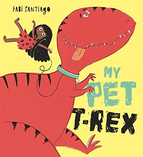 Red T-Rex with a child riding on its head, book cover.