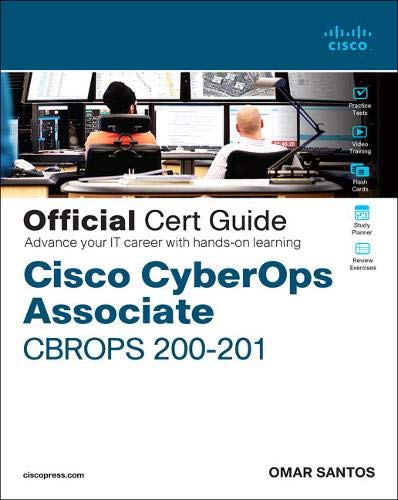 Cisco CyberOps Associate certification study guide book cover with people at computers.