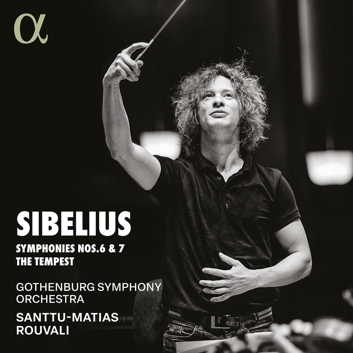 Conductor Santtu-Matias Rouvali with orchestra, album cover for Sibelius symphonies.