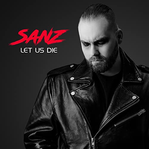 Black and white portrait of Sanz in a leather jacket, album art.