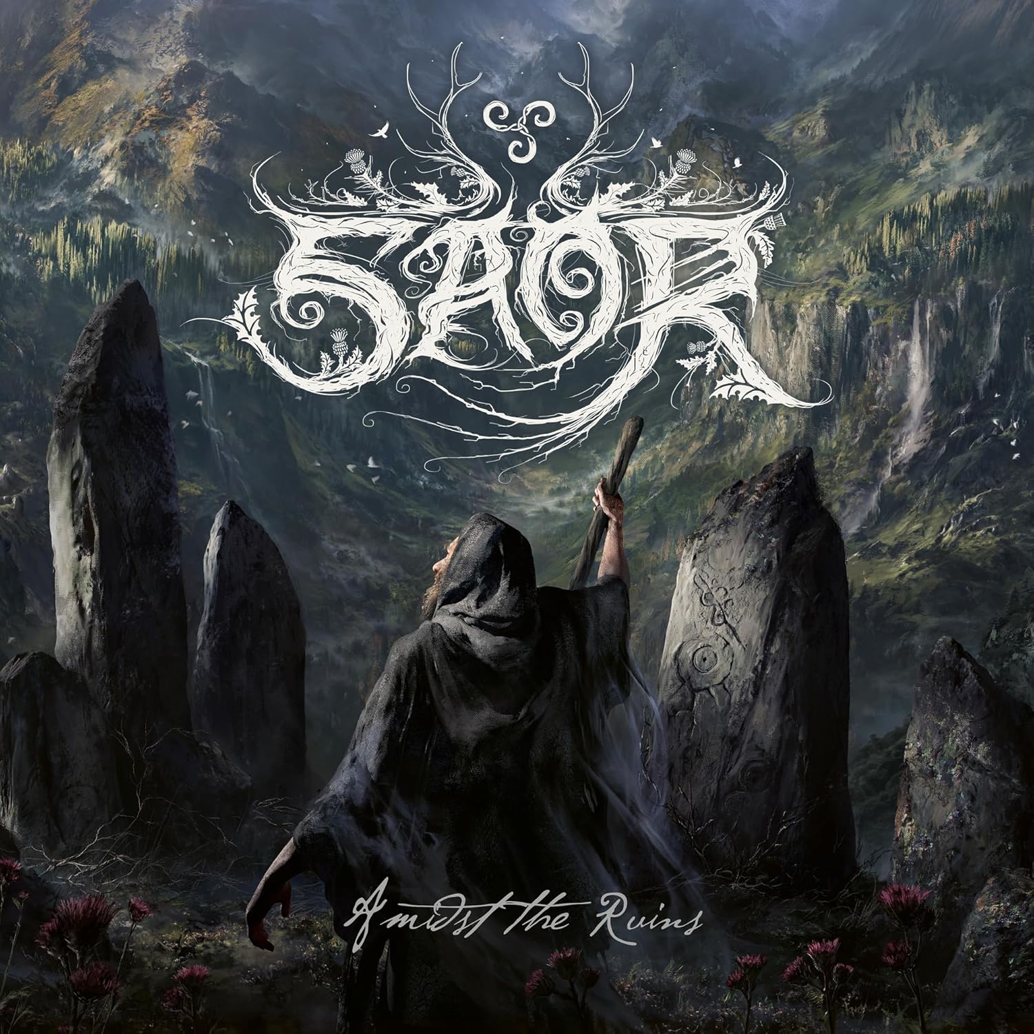 Album cover: hooded figure amidst stone ruins, dark and atmospheric.