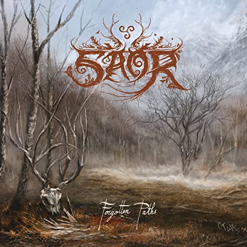 Album cover for Saor's "Forgotten Paths" featuring a misty forest scene.