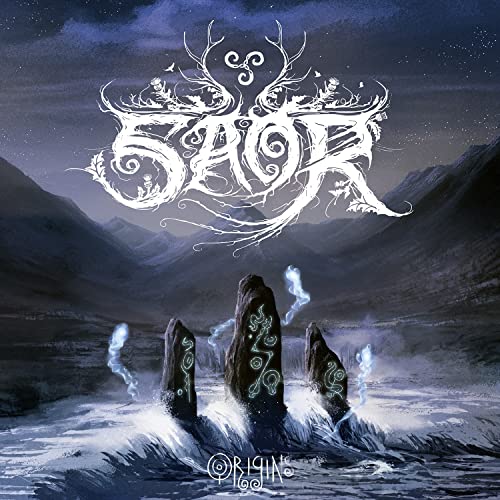 CD cover for Saor’s “Origins” featuring standing stones and misty mountains.