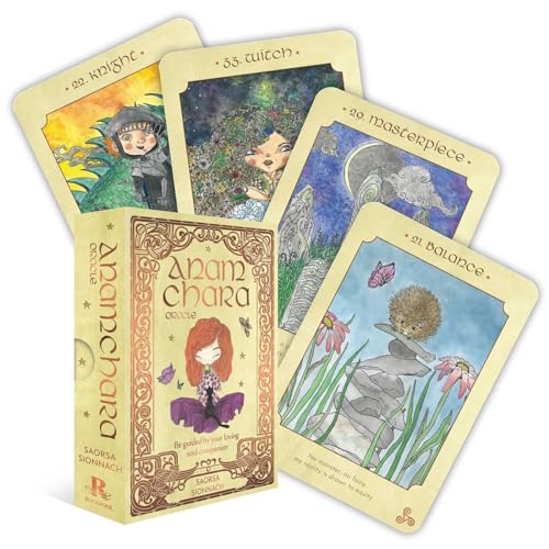 Oracle card deck and box with whimsical illustrated figures and text.