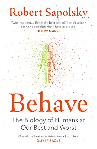 "Book cover with a human figure made of dots, titled 'Behave' by Robert Sapolsky."