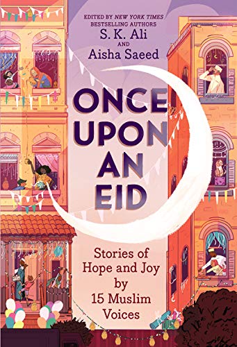 Book cover illustration of an apartment building with people celebrating Eid and a crescent moon.