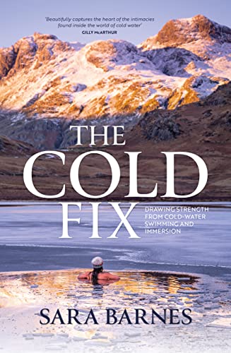 Book cover: swimmer in icy water with mountain backdrop.
