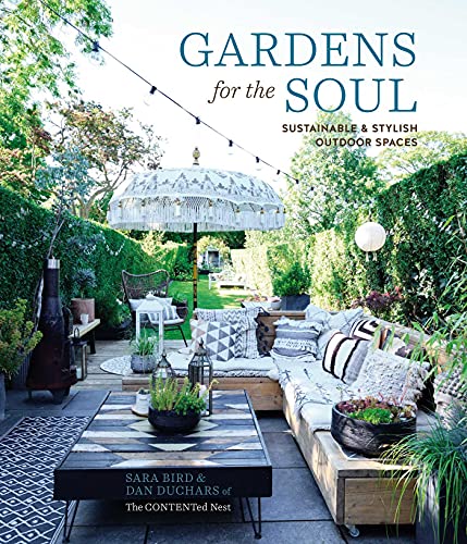 Book cover featuring a patio with wooden furniture, a decorative umbrella, and lush greenery.