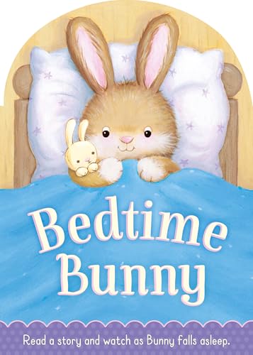 Bunny in bed with a small toy, book title "Bedtime Bunny.