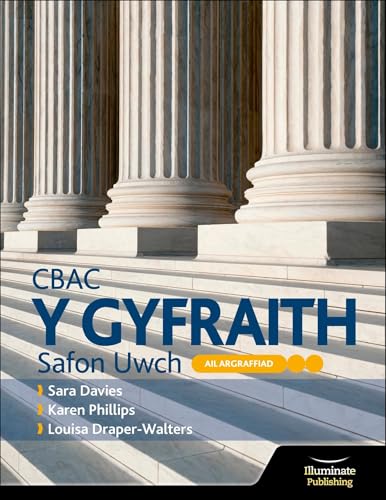 Textbook cover with classical columns, Welsh text “Y Gyfraith”, and author names.