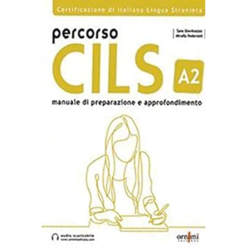 Italian language textbook “Percorso CILS A2” with a sketched student portrait.