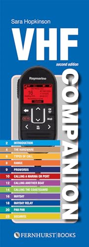 Blue book cover featuring a Raymarine VHF radio and table of contents.