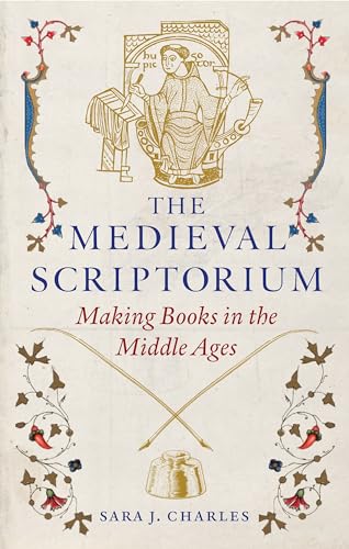 Book cover featuring a medieval scribe illustration, inkwell, quill pens, and decorative floral borders.