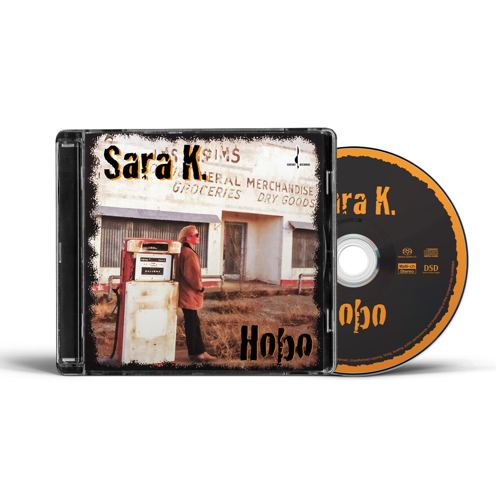 CD case for Sara K.’s “Hobo” album, showing a man by a gas pump.