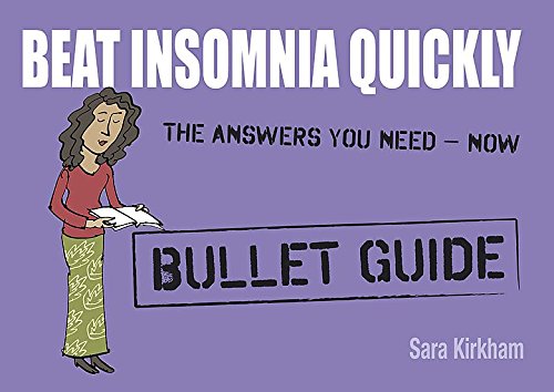 Book cover: “Beat Insomnia Quickly” with cartoon illustration of a woman reading.