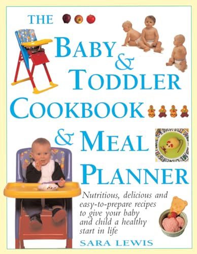 Cookbook cover with babies, a highchair, and illustrations of food.