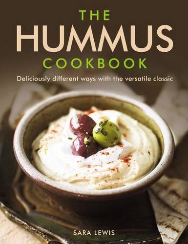 Cookbook cover featuring a bowl of hummus with olives and spices.