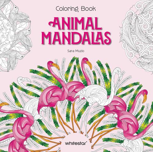 Cover of "Animal Mandalas" coloring book featuring flamingos and detailed designs.
