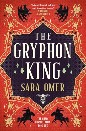 Book cover: dark blue title, black gryphons, ornate gold and red design.