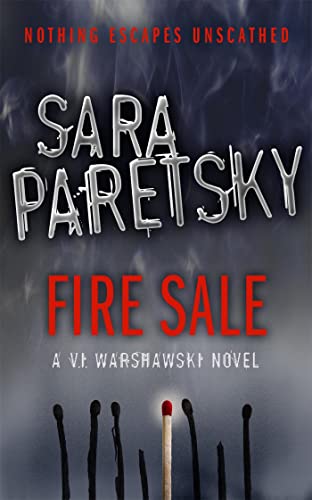 Book cover for “Fire Sale” by Sara Paretsky, with burnt matchsticks.