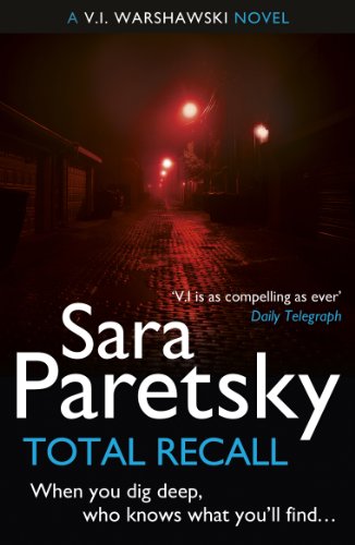 Book cover: dark alleyway scene with title "Total Recall" and author Sara Paretsky.