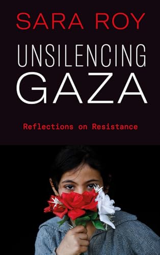 Book cover: "Unsilencing Gaza" with a young person holding red and white flowers.