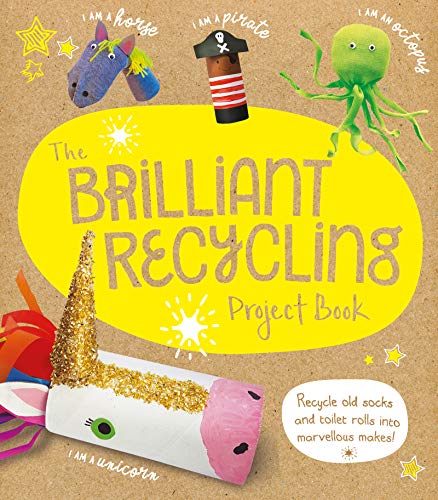 Book cover with colorful crafts made from recycled materials.