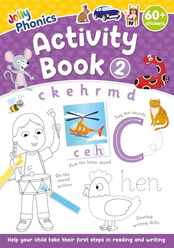 Jolly Phonics Activity Book 2 cover featuring illustrations of animals, a helicopter, and letters.
