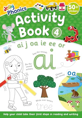 Jolly Phonics Activity Book 4 cover with illustrations of a mouse, snake, and girl.