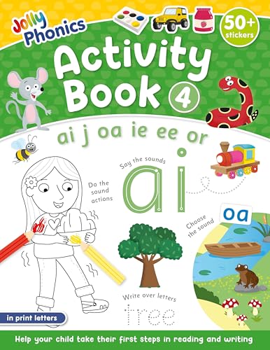 Jolly Phonics Activity Book 4 cover with letters, animals, and illustrations.