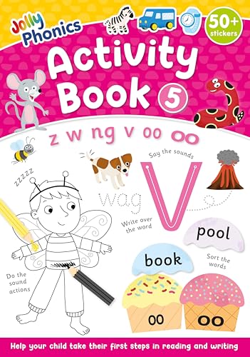 Jolly Phonics Activity Book 5 cover with letters, animals, and illustrations.