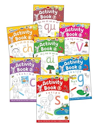 Stack of seven colorful Jolly Phonics activity books for early reading.