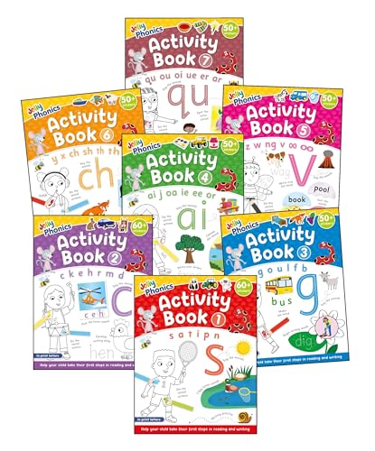 Stack of seven colorful Jolly Phonics activity books for early reading.