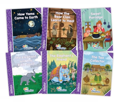 Six Jolly Phonics Folktales Level 5 books with illustrated covers arranged in two rows.