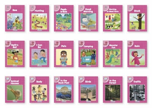 Set of twelve pink Jolly Phonics readers with colorful illustrated covers.
